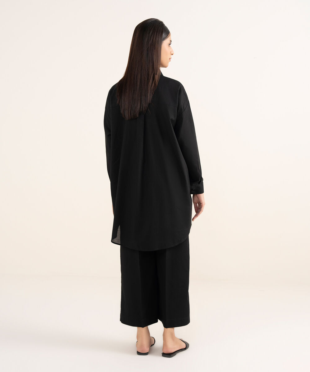 Women's RTW Textured Lawn Black Solid Button Down Shirt
