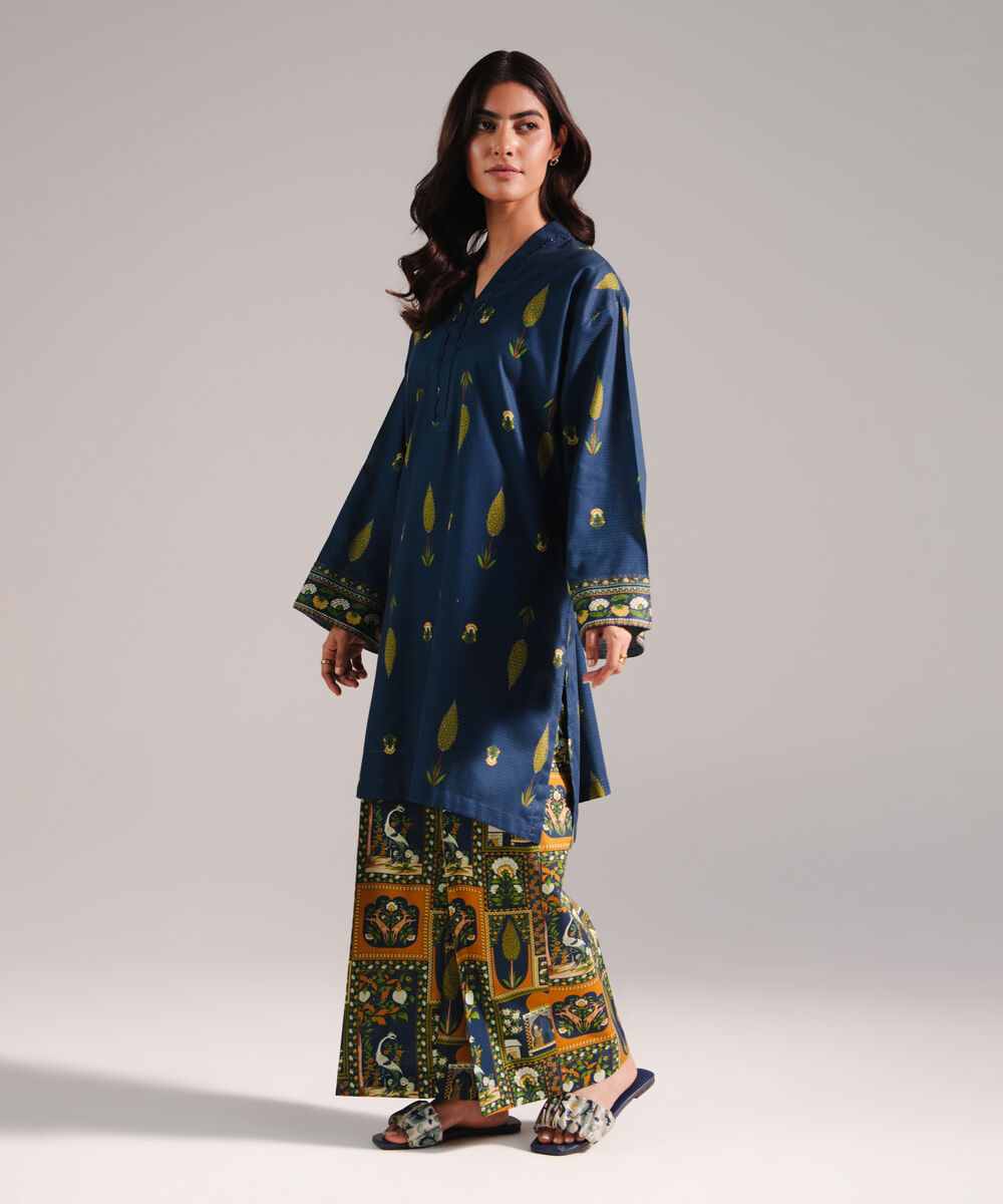 Women's RTW Dobby Printed Dark Blue Straight Shirt