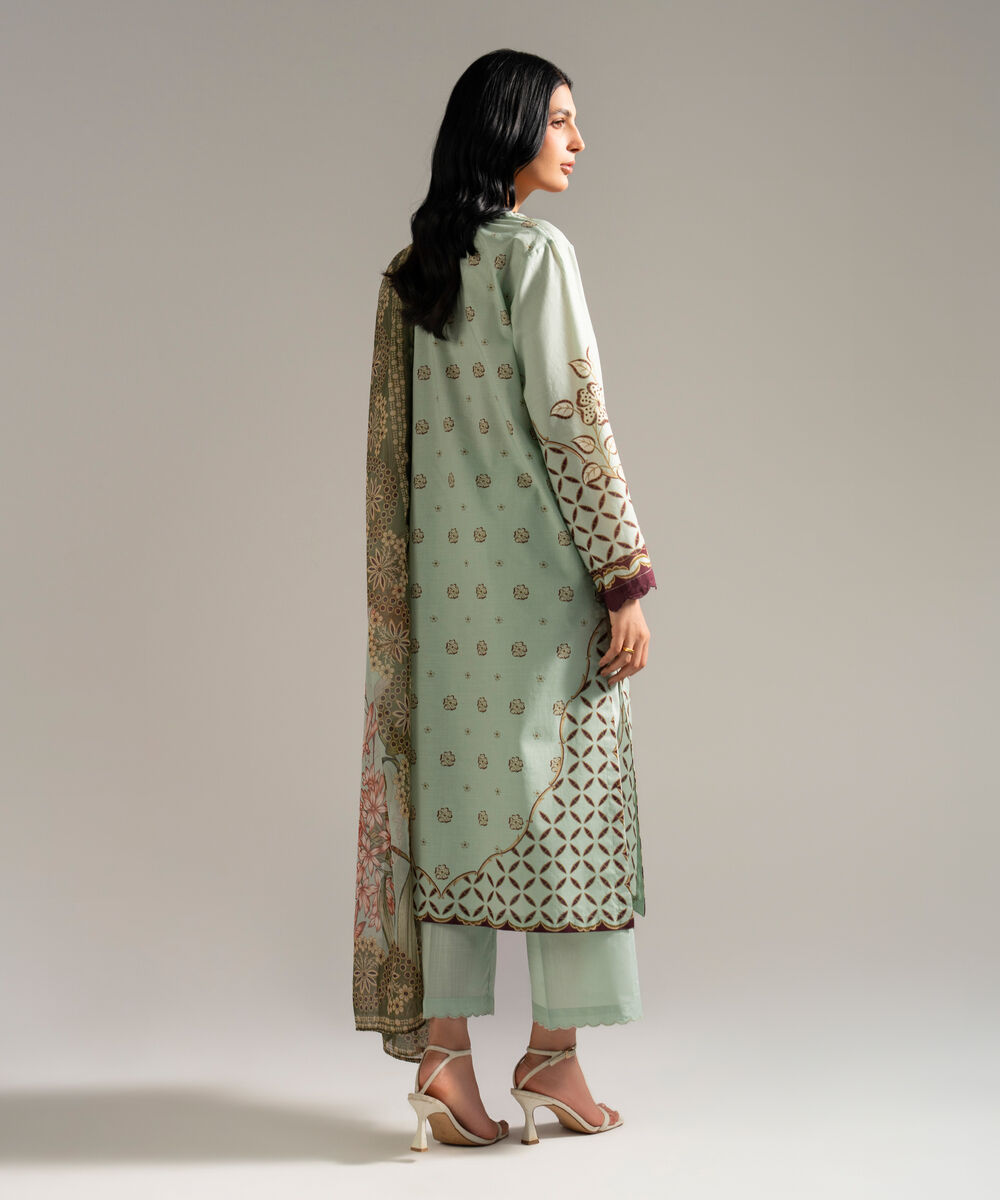 Women's RTW Slub Lawn Printed Green 3 Piece Suit