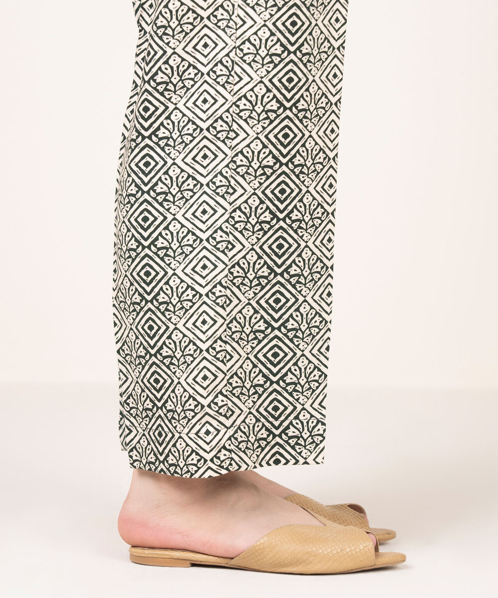 Women's RTW Arabic Khaddar Printed White Straight Pants