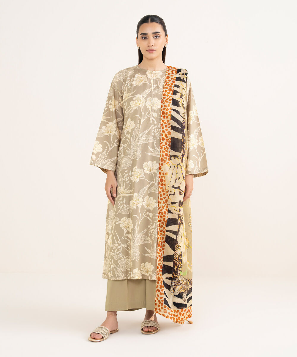 Women's RTW Viscose Lawn Beige Printed Straight Shirt