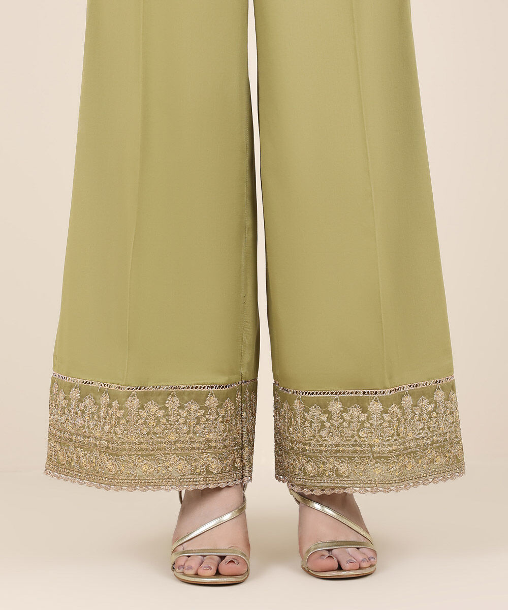 Women's RTW Cotton Satin Green Embroidered Culottes