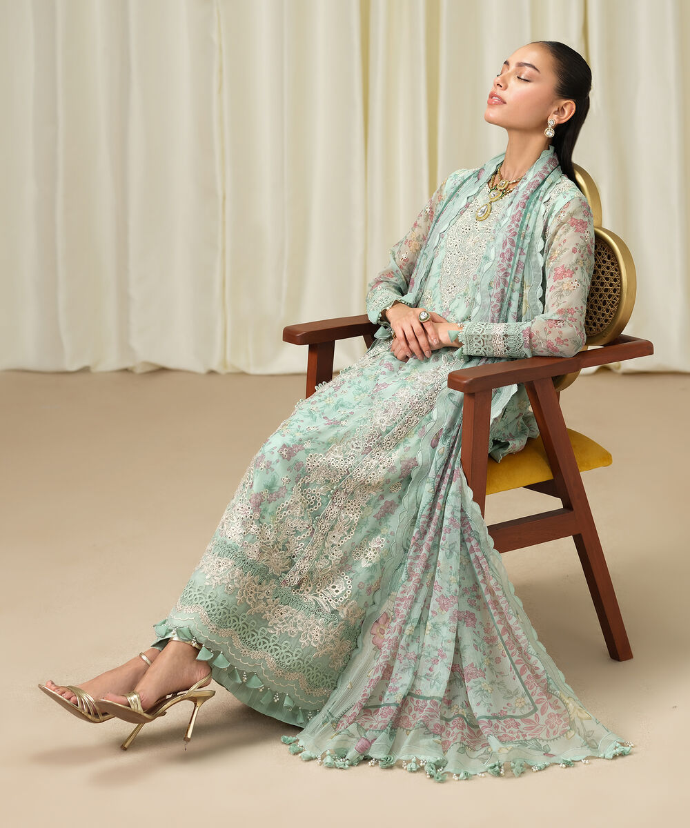 Women's Unstitched Blended Chiffon Embroidered Blue 3 Piece Suit