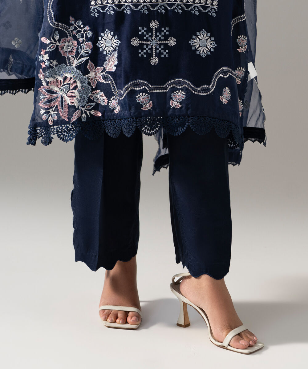 Women's RTW Raw Silk Solid Embroidered Dark Blue 3 Piece Suit