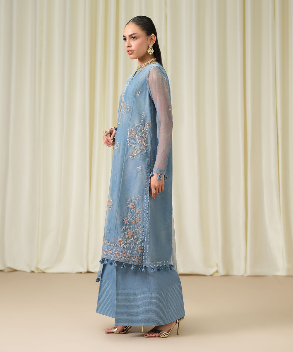 Women's Unstitched Blended Net Embroidered Blue 3 Piece Suit