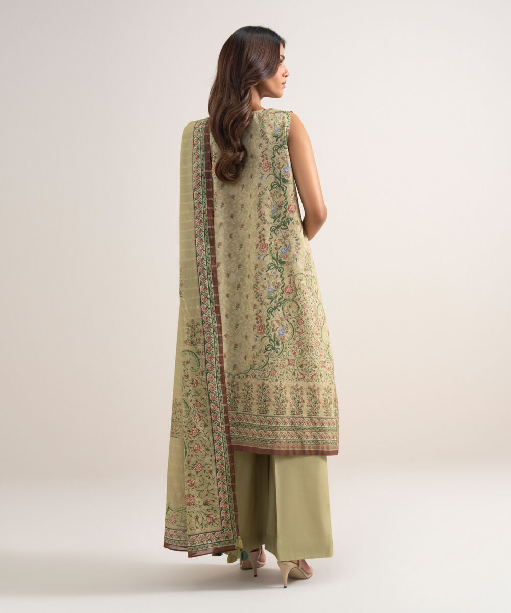 Women's Unstitched Zari Lawn Printed Beige 3 Piece Suit