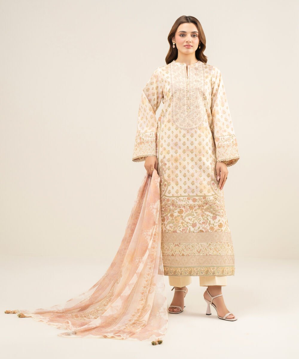 Women's Unstitched Lawn Embroidered Pink 3 Piece Suit