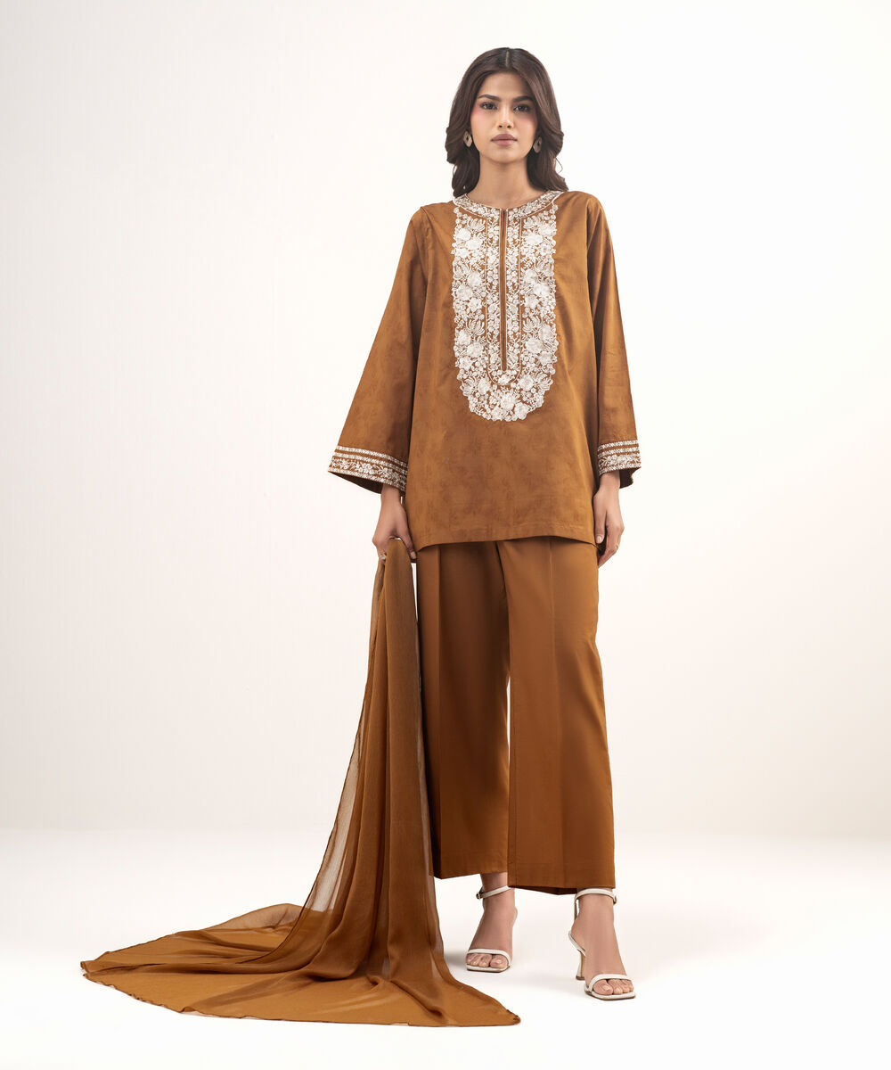 Women's RTW Self Jacquard Embroidered Brown 3 Piece Suit