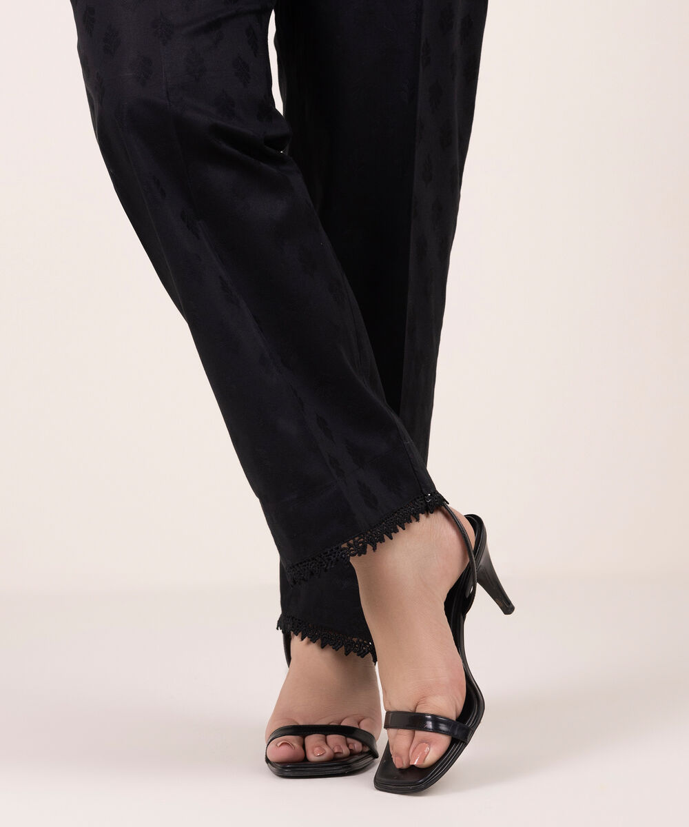 Women's RTW Self Jacquard Solid Black Straight Pants