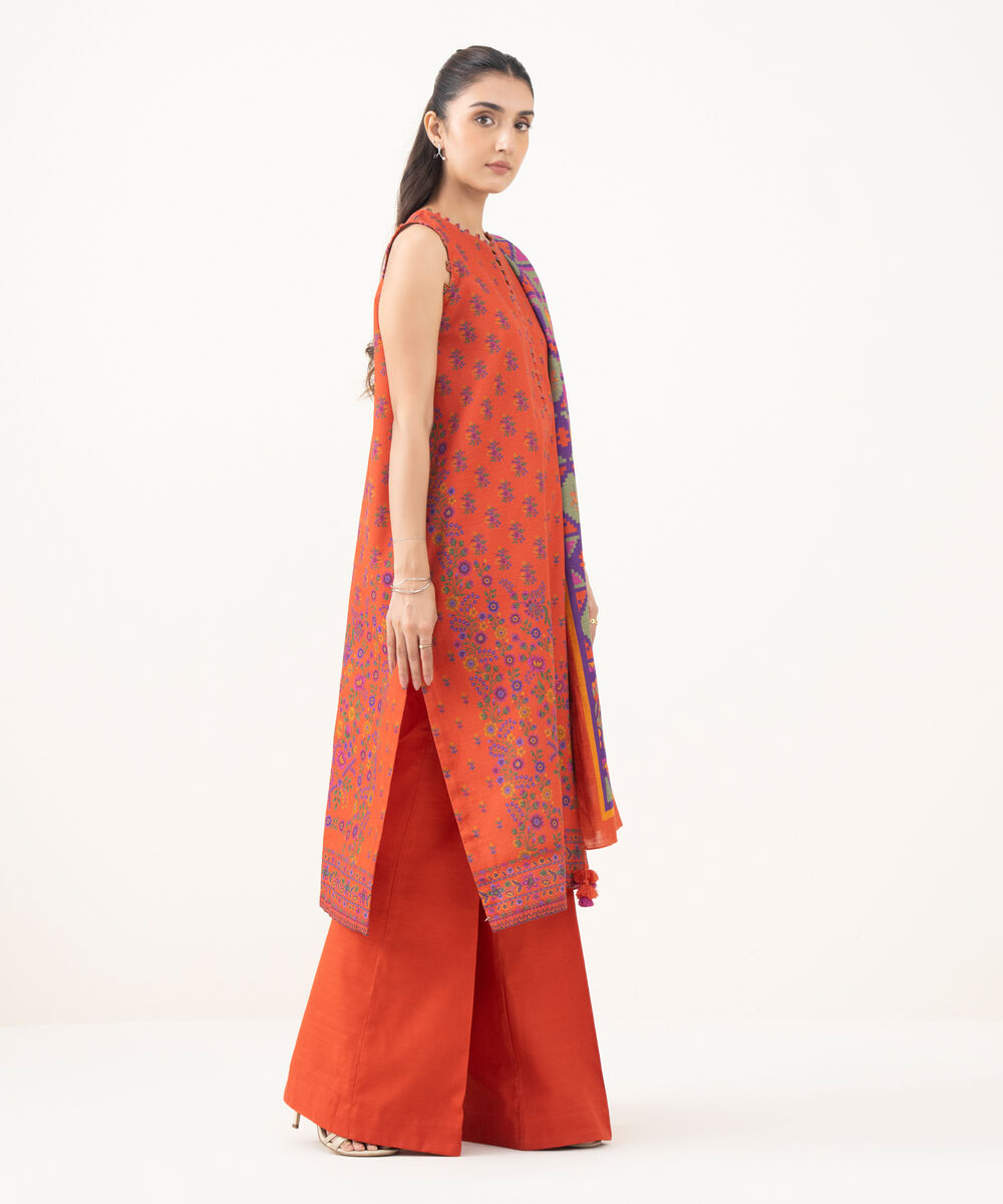 Women's Unstitched Khaddar Printed Orange 3 Piece Suit