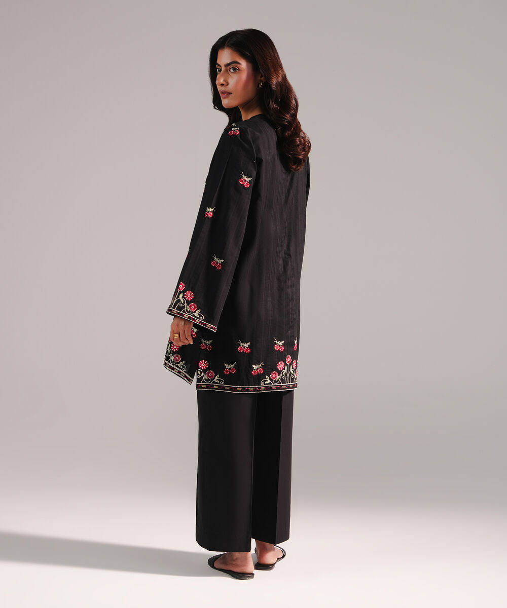 Women's RTW Dobby Embroidered Black 2 Piece Suit