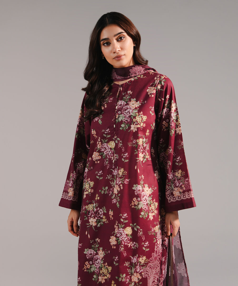 Women's RTW Cotton Viscose Printed Plum 2 Piece Suit