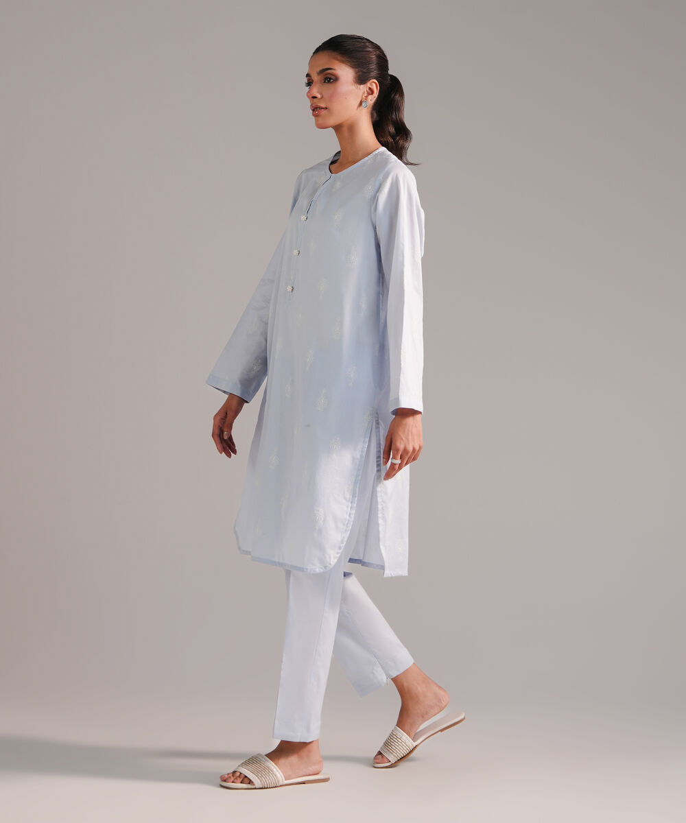 Women's RTW Lawn Printed Ice Blue Straight Shirt