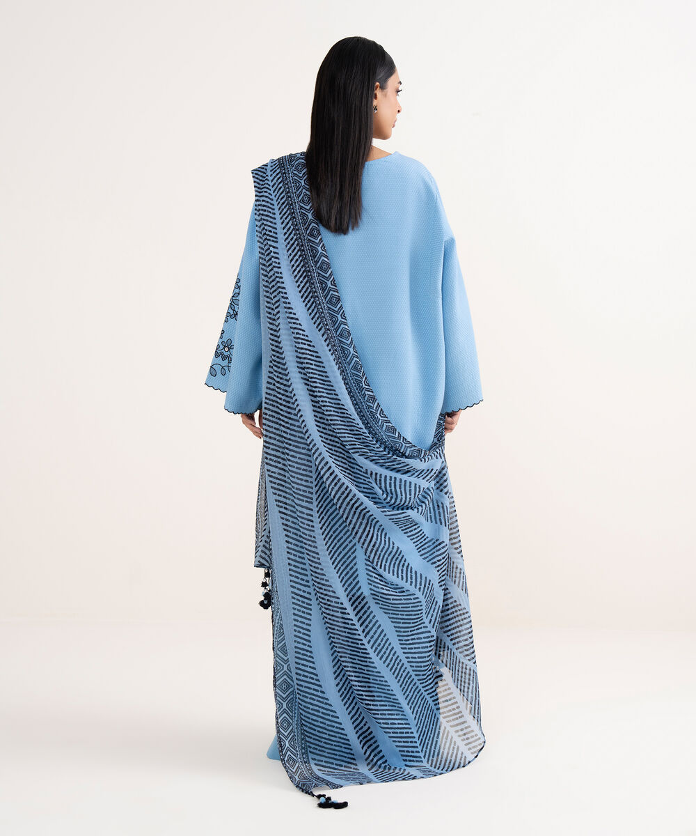 Women's Unstitched Dobby Embroidered Blue 3 Piece Suit