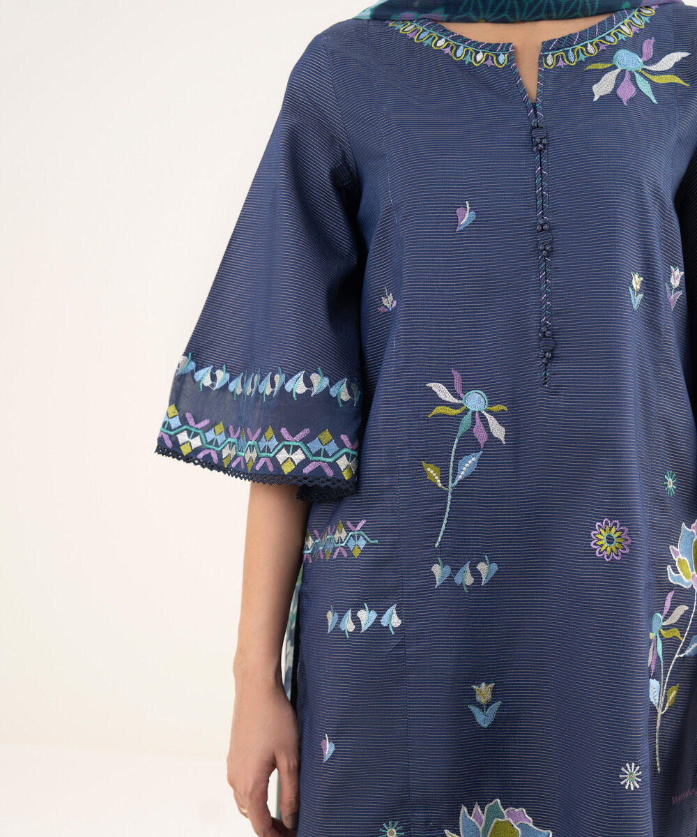 Women's Unstitched Lawn Embroidered Blue Two Piece Suit