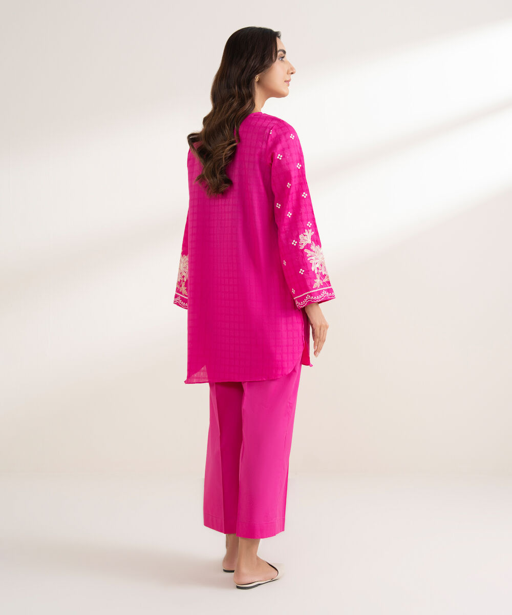 Women's RTW Textured Cotton Embroidered Straight Pink Shirt