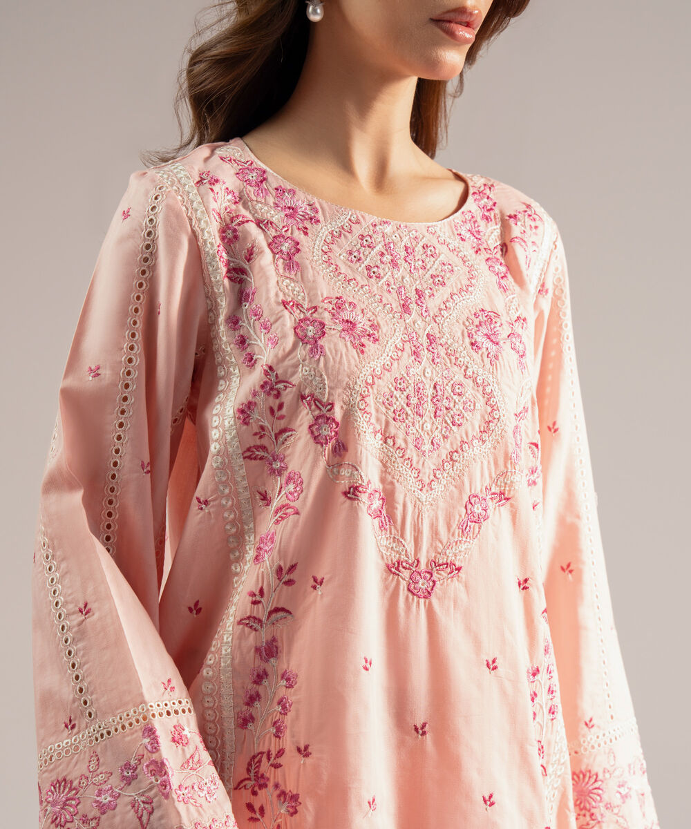 Women's RTW Textured Cotton Embroidered Pink 3 Piece Suit