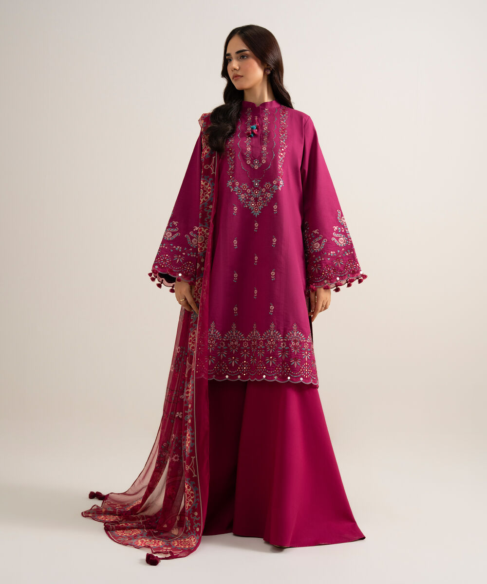 Women's Unstitched Embroidered Cotton Viscose Plum 3 Piece Suit