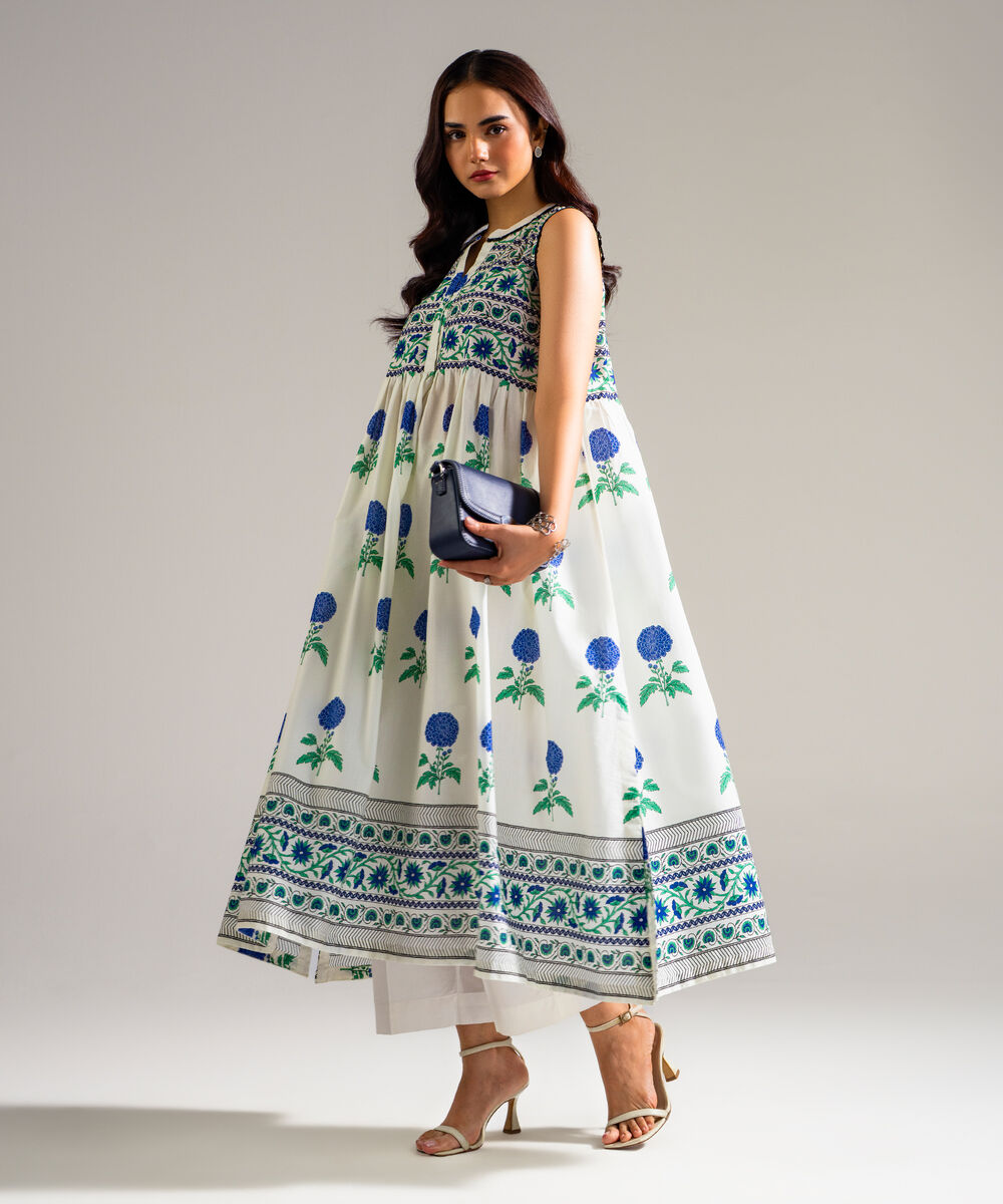 Women's RTW Slub Lawn Printed White Peshwas