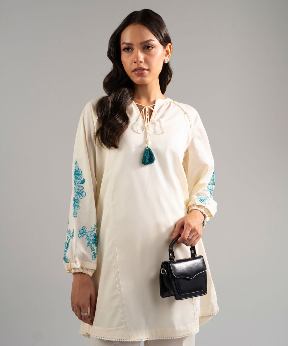 Women's RTW Dobby Embroidered Off White Straight Shirt