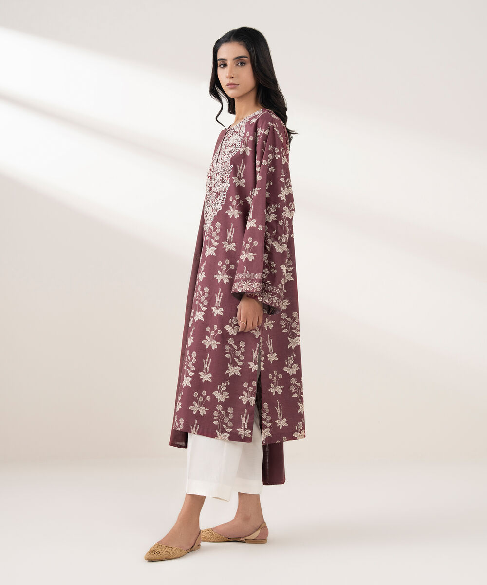 Women's RTW Cotton Embroidered Maroon 2 Piece Suit