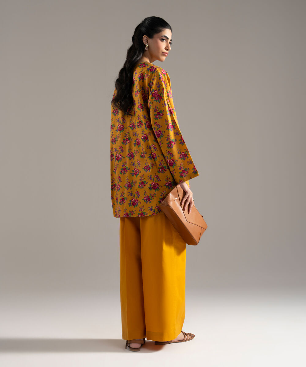Women's RTW Cotton Viscose Printed Embroidered Mustard Yellow 2 Piece Suit