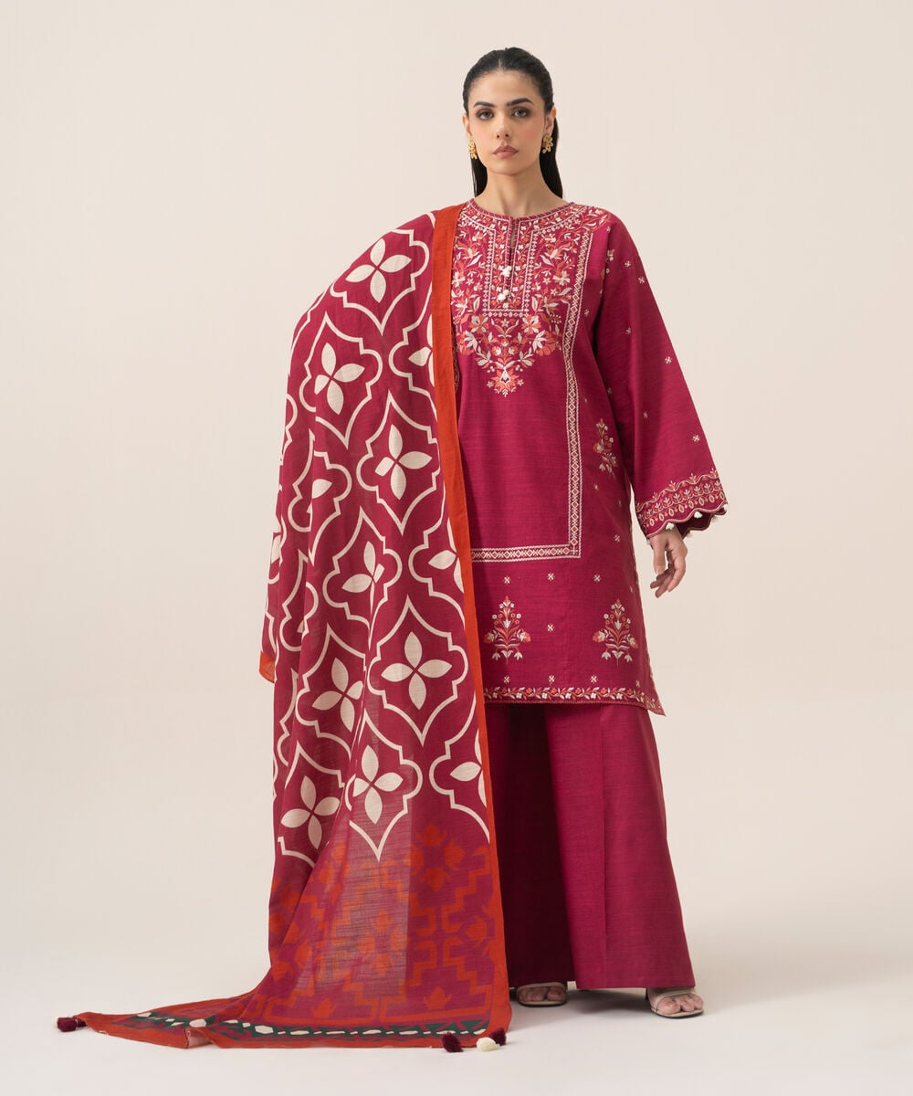 Women's Unstitched Basic Khaddar Embroidered Magenta 3 Piece Suit
