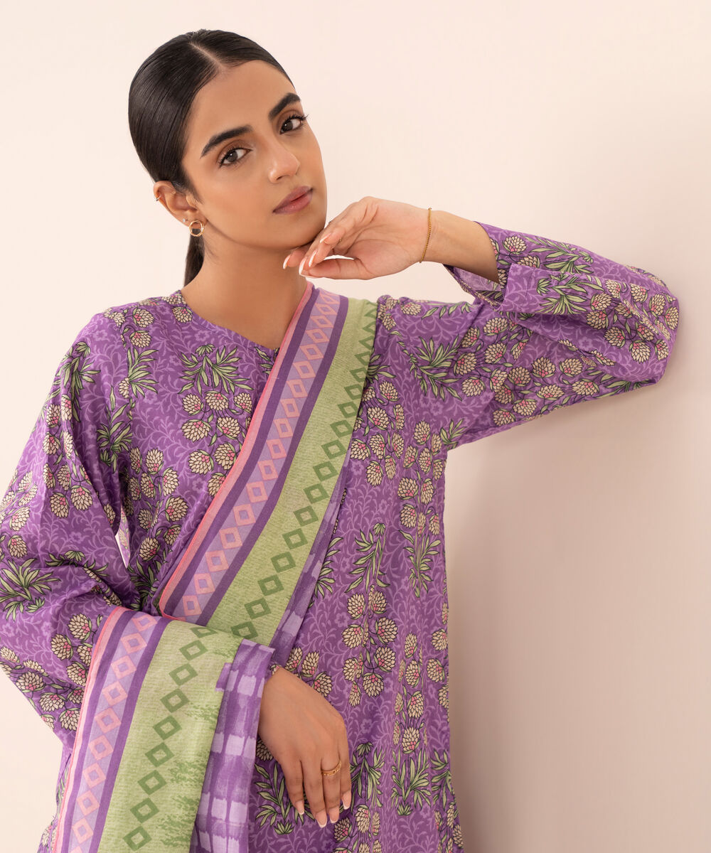 Women's Unstitched Lawn Printed Purple 3 Piece Suit
