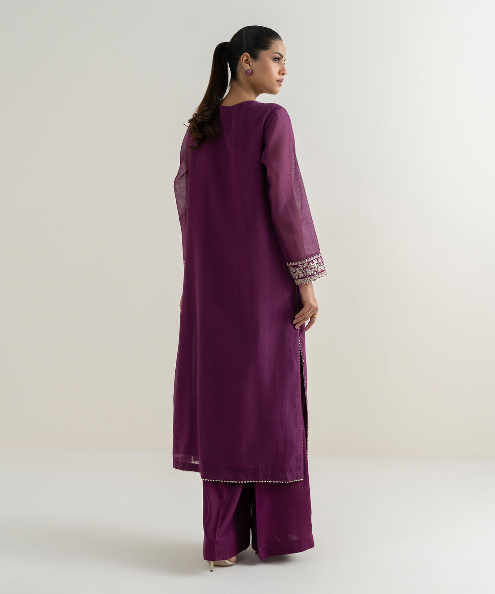 Women's RTW Blended Textured Karandi Embroidered A-Line Purple Shirt