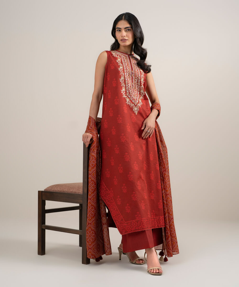 Women's Unstitched Lawn Embroidered Orange 3 Piece Suit
