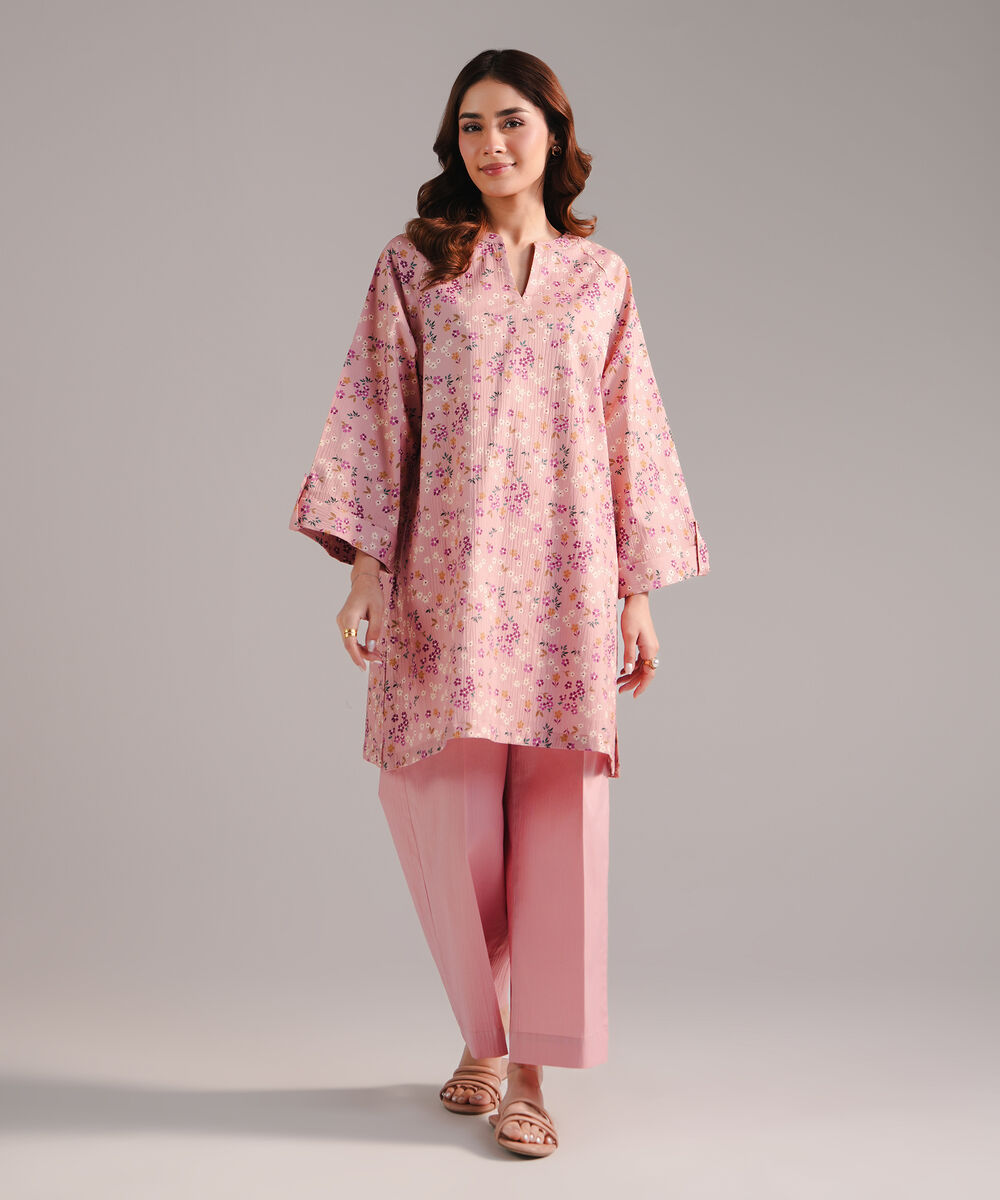 Women's RTW Seersucker Printed Pink 2 Piece Suit