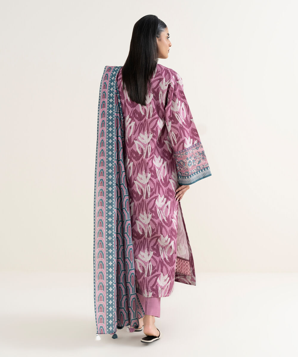 Women's Unstitched Printed Khaddar Pink and Off White 3 Piece Suit