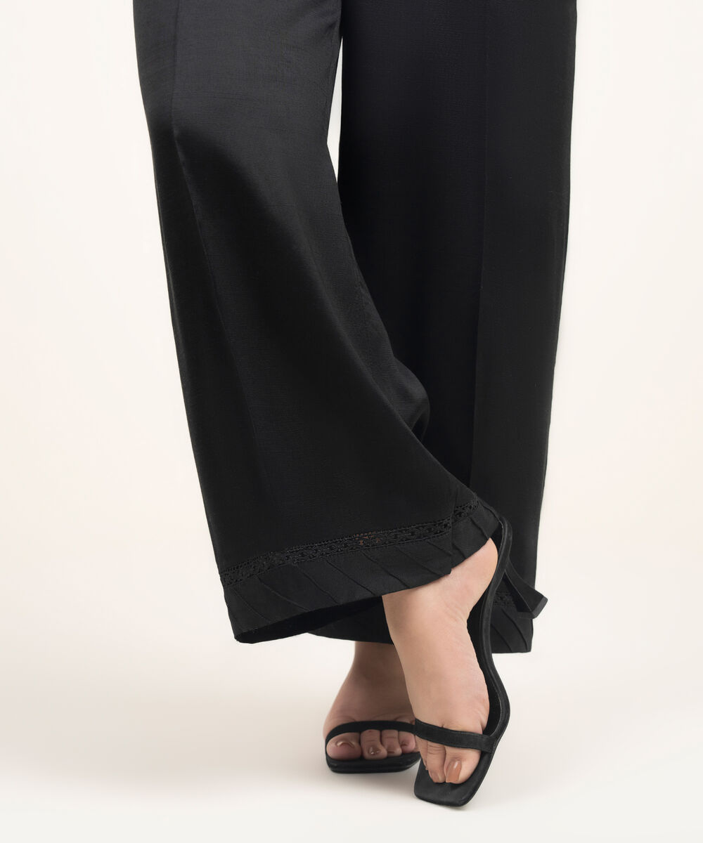 Women's RTW Viscose Raw Silk Solid White Straight Pants