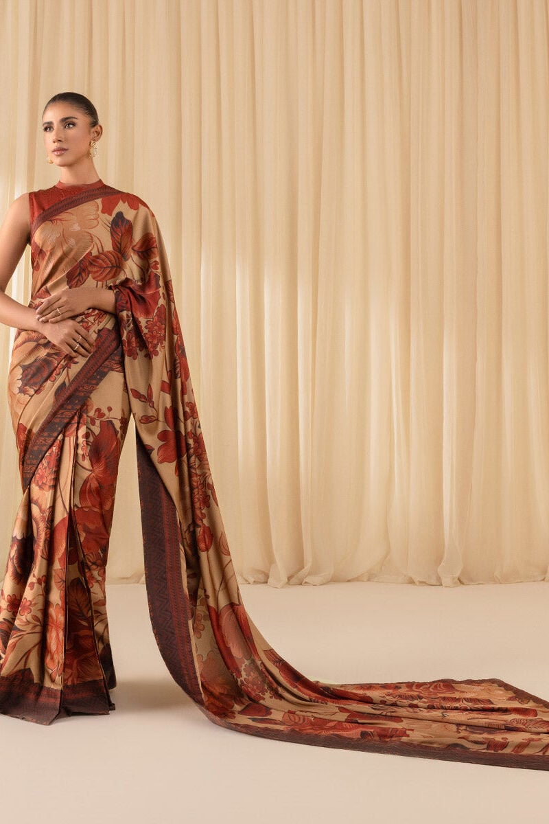 3 Piece -  Printed Satin Saree