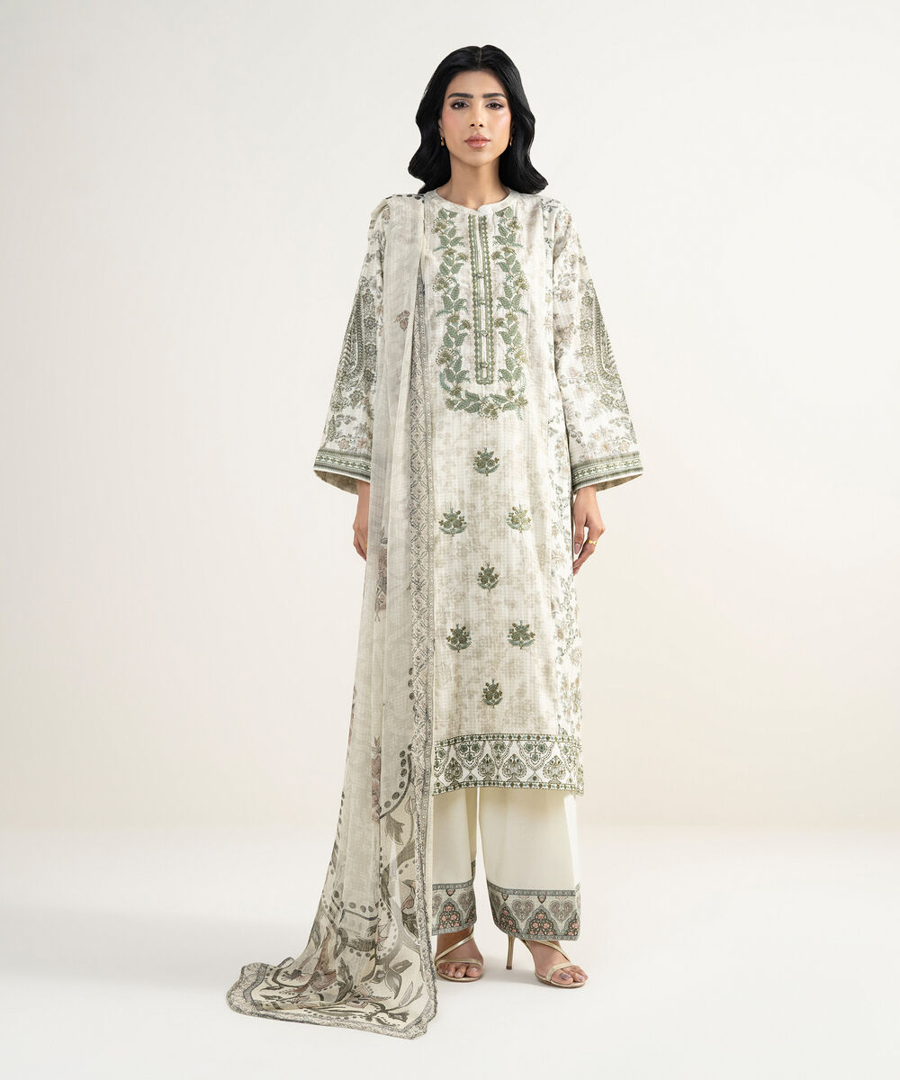 Women's RTW Dobby Embroidered Off White 3 Piece Suit