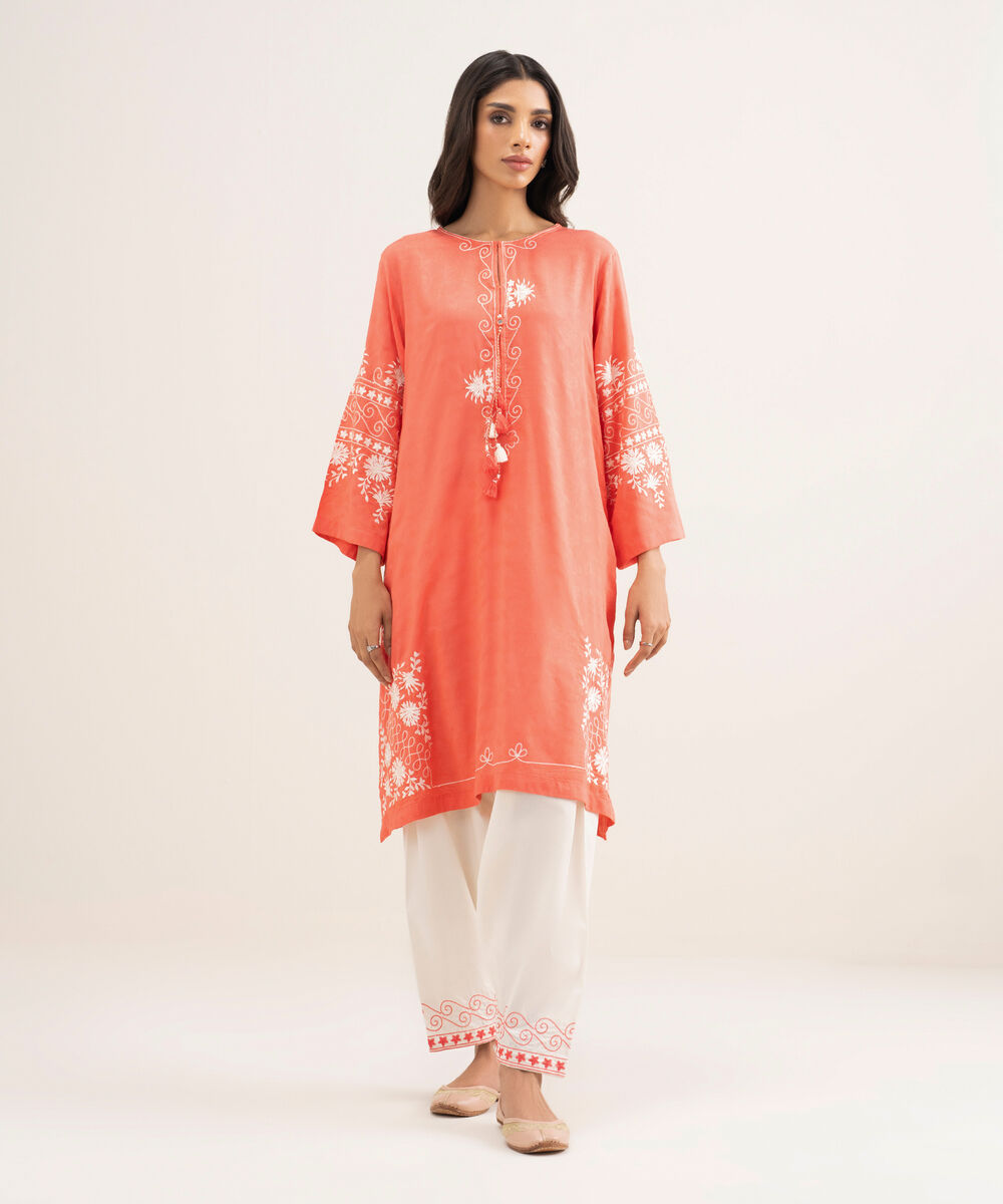 Women's RTW Arabic Self Jacquard Embroidered Orange Straight Shirt