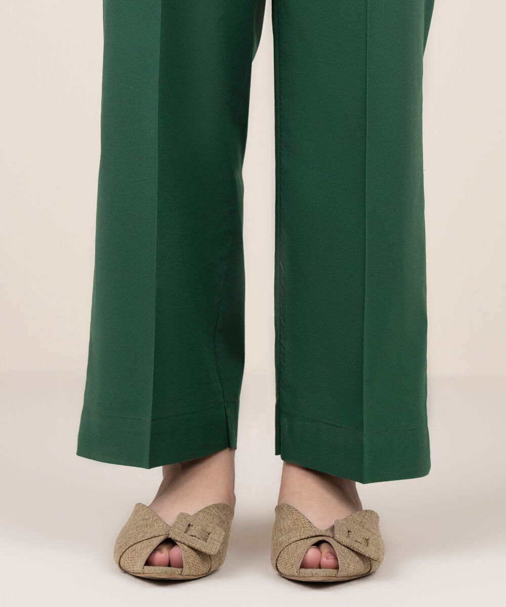 Women's RTW Cotton Solid Green Straight Pants