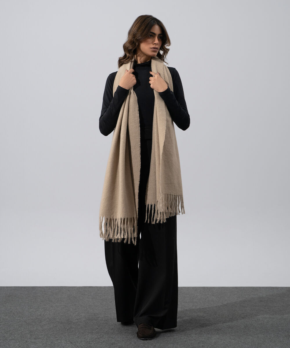 Women's Western Wear Taupe Polyester Plain Woolen Scarf