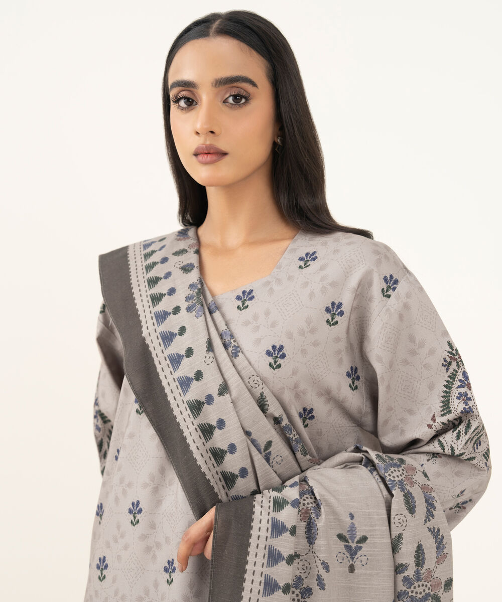 Women's Unstitched Printed Linen Beige 3 Piece Suit