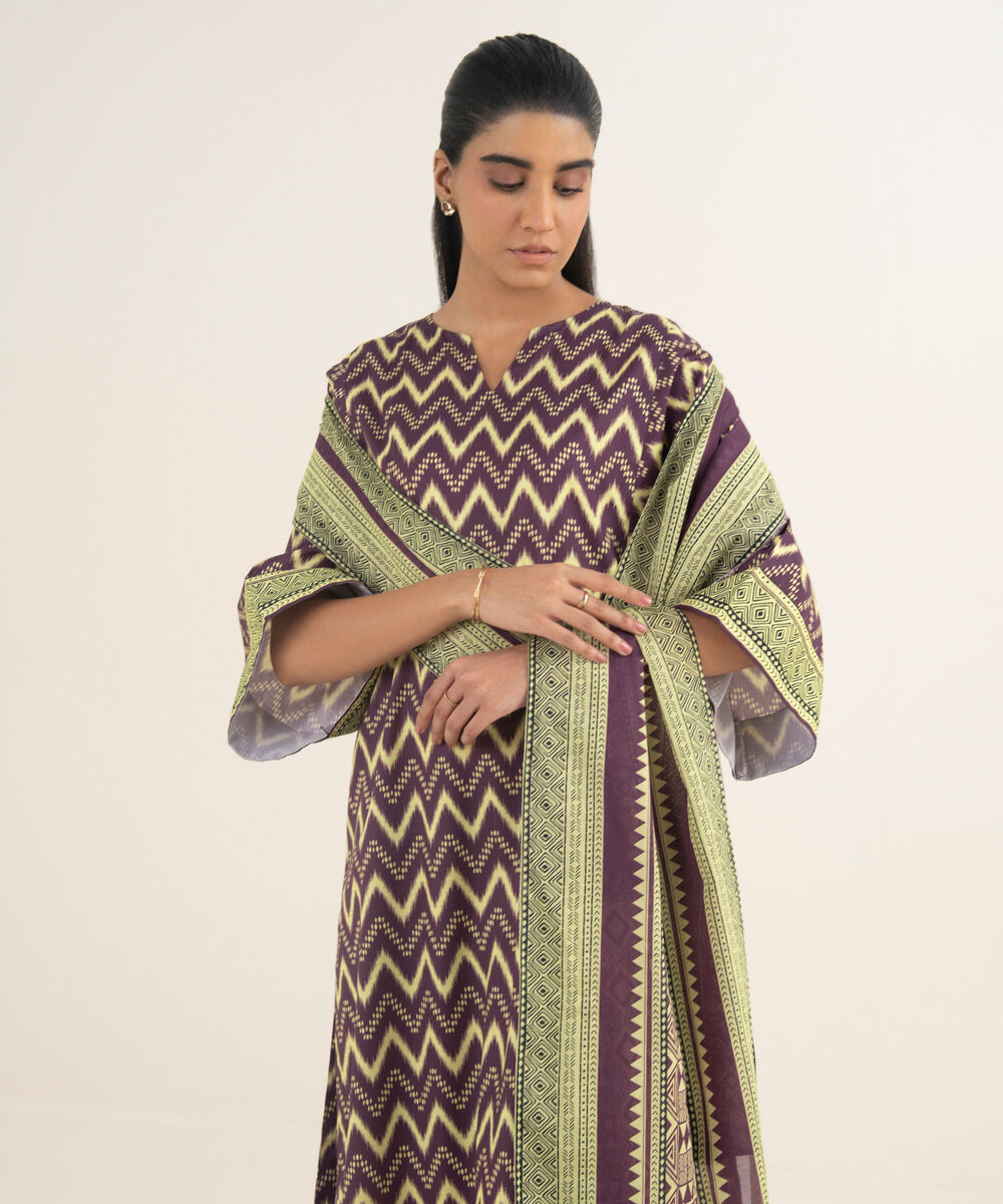 Women's Unstitched Lawn Printed Purple 3 Piece Suit