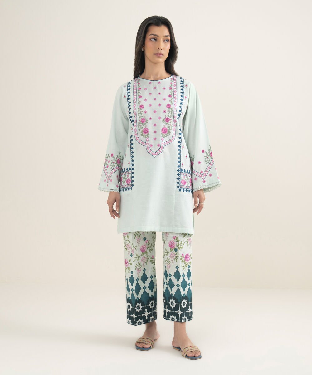 Women's RTW Dobby Embroidered Green Boxy Shirt