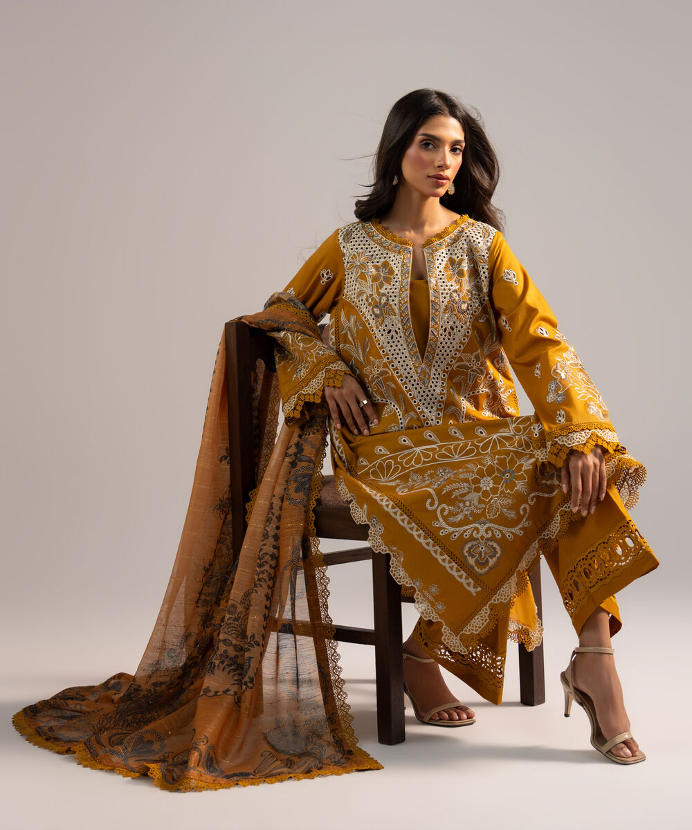 Women's RTW Lawn Embroidered Mustard Yellow 3 Piece Suit