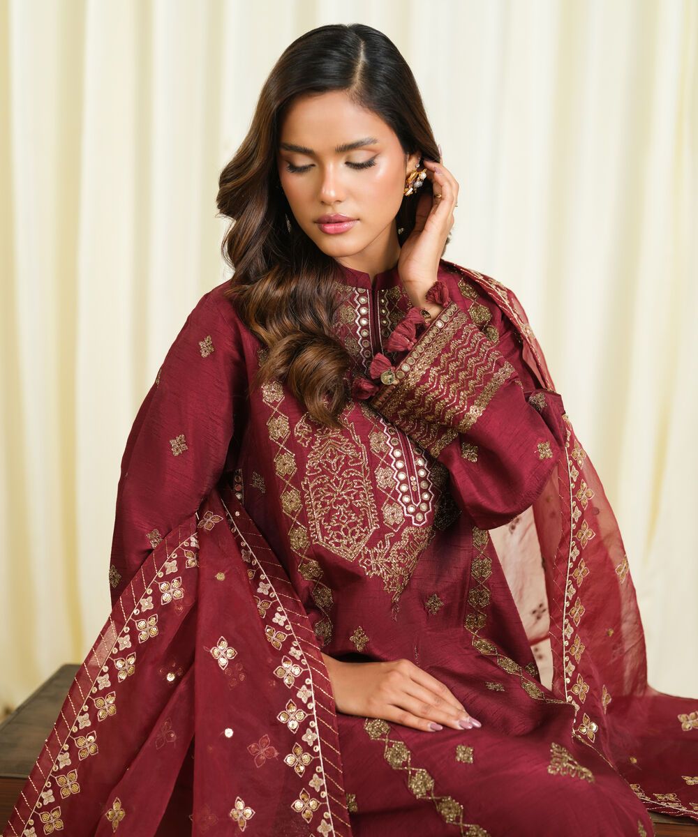 Women's Unstitched Raw Silk Embroidered Red 3 Piece Suit