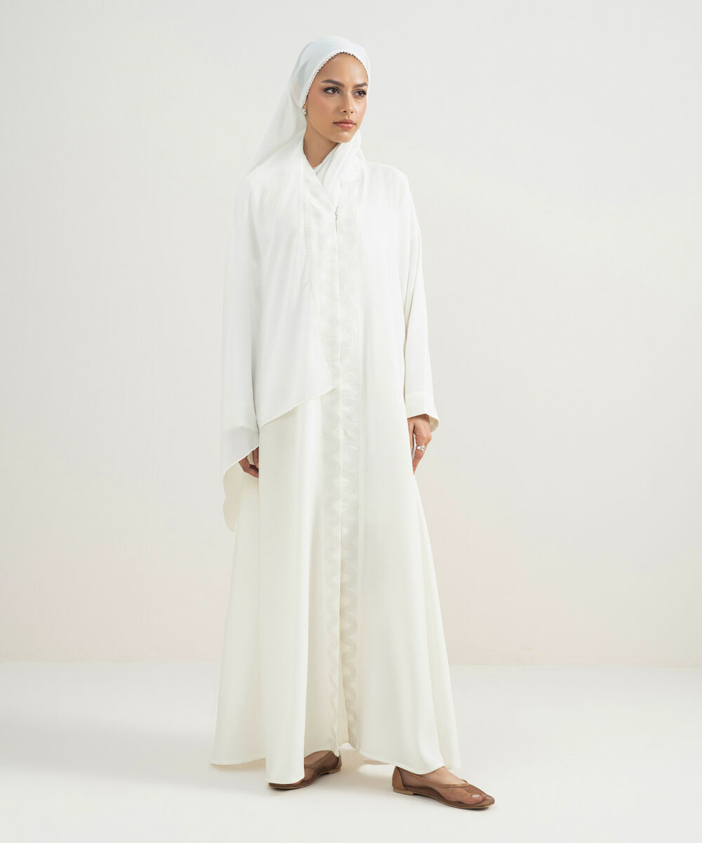 Women's White Embroidered Button- Through Abaya