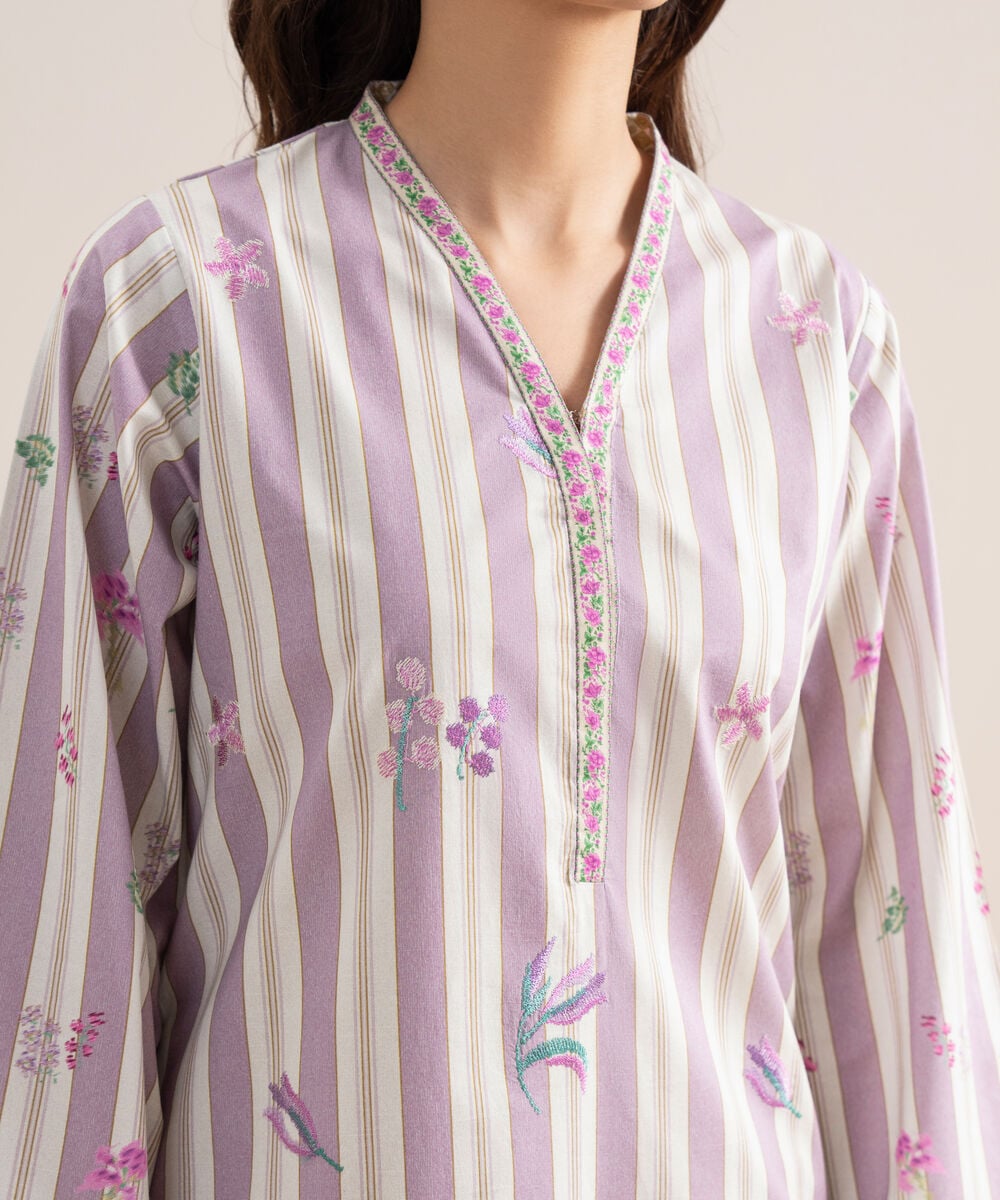 Women's Unstitched Lawn Embroidered Off White & Lilac  3 Piece Suit