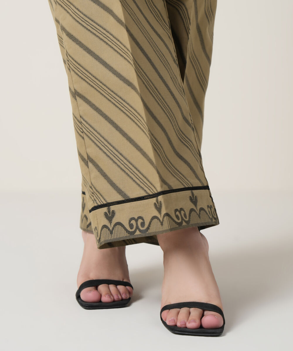 Women's RTW Extra Weft Jacquard Beige Solid Trousers