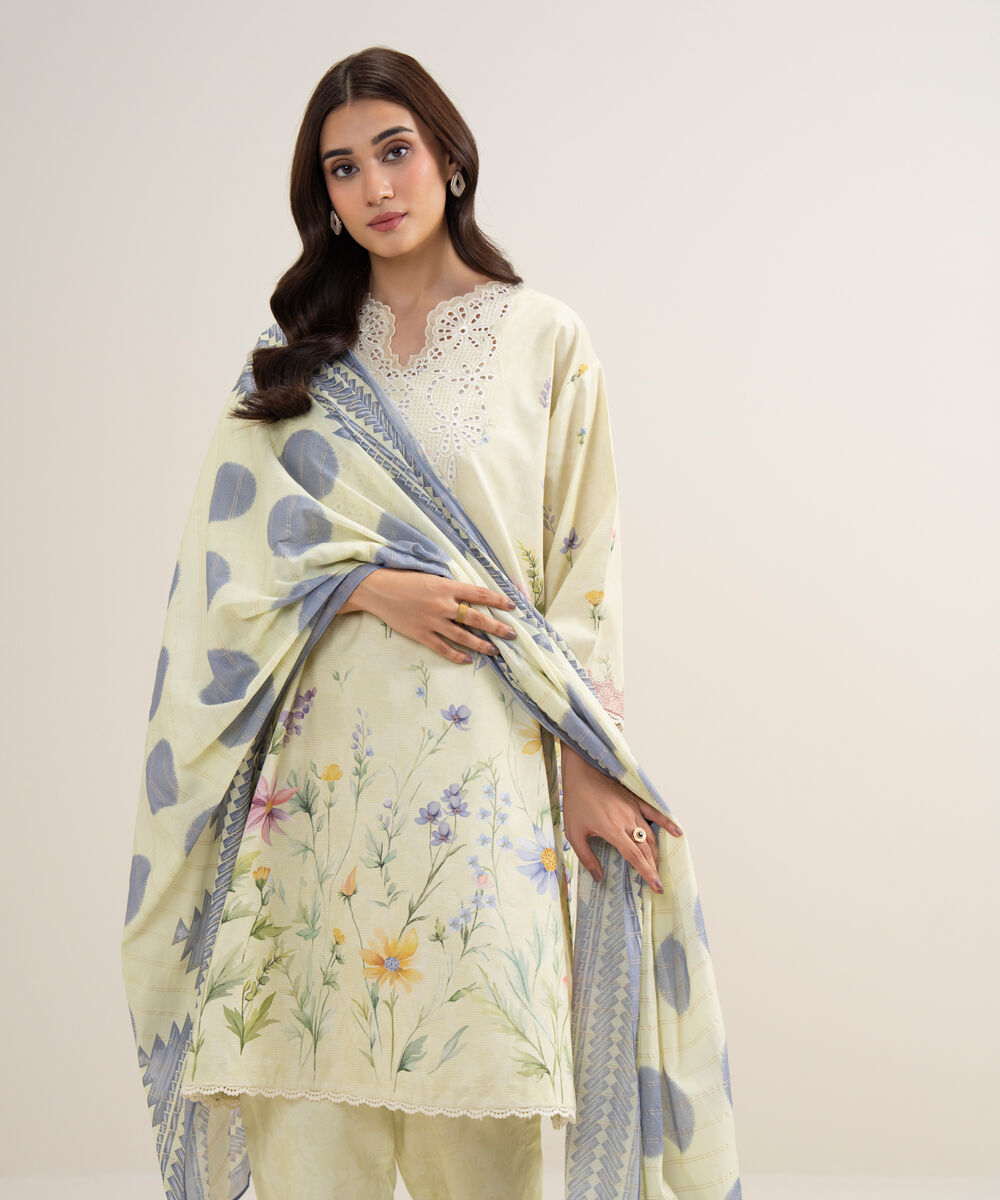 Women's Unstitched Zari Lawn Embroidered Lime Yellow 3 Piece Suit