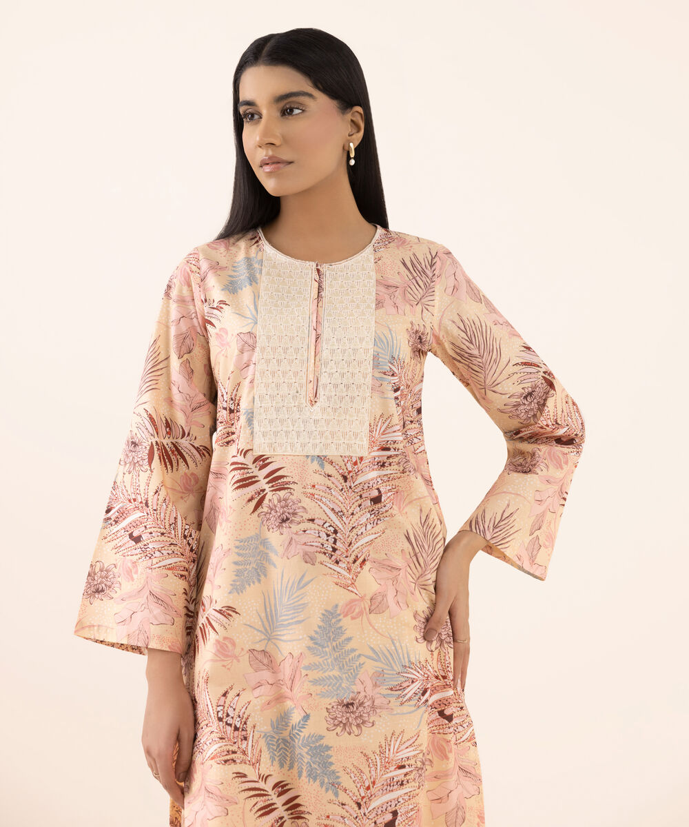 Women's RTW Texured Lawn Peach Printed Aline Shirt