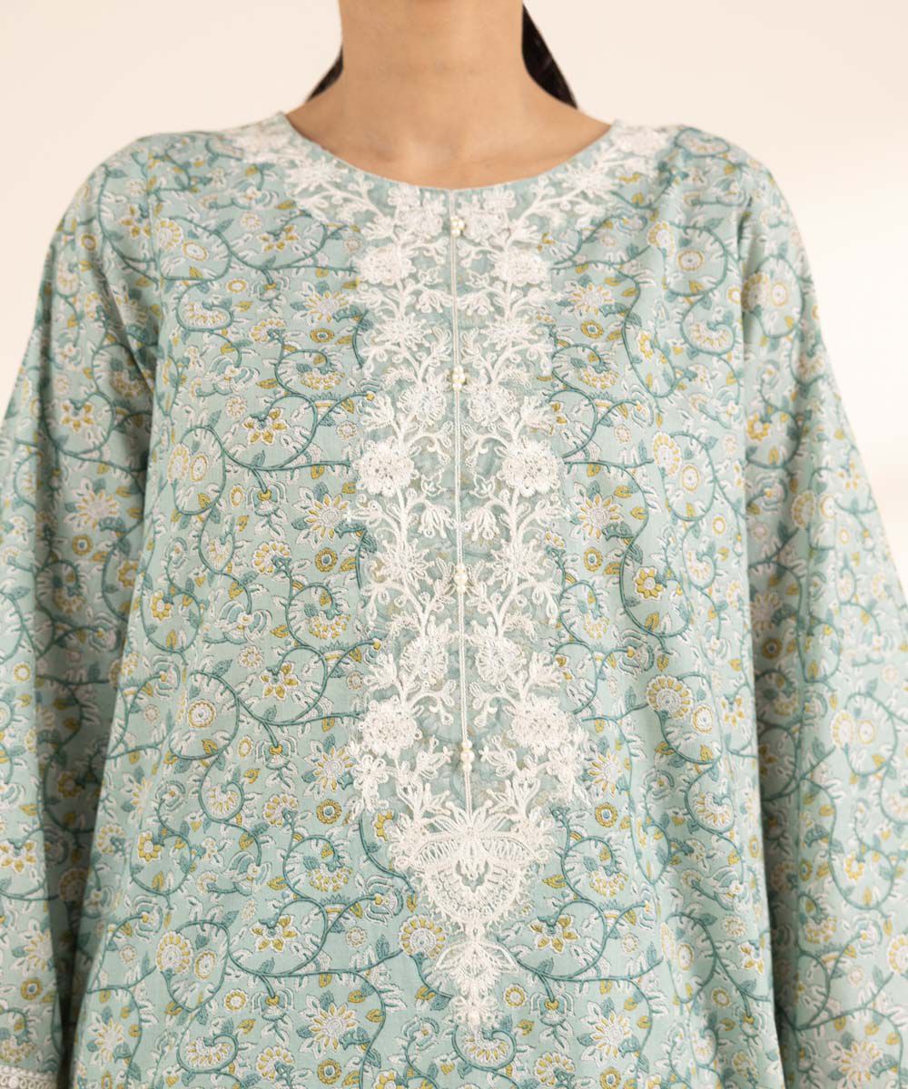 Women's RTW Lawn Blue Embroidered A-Line Shirt