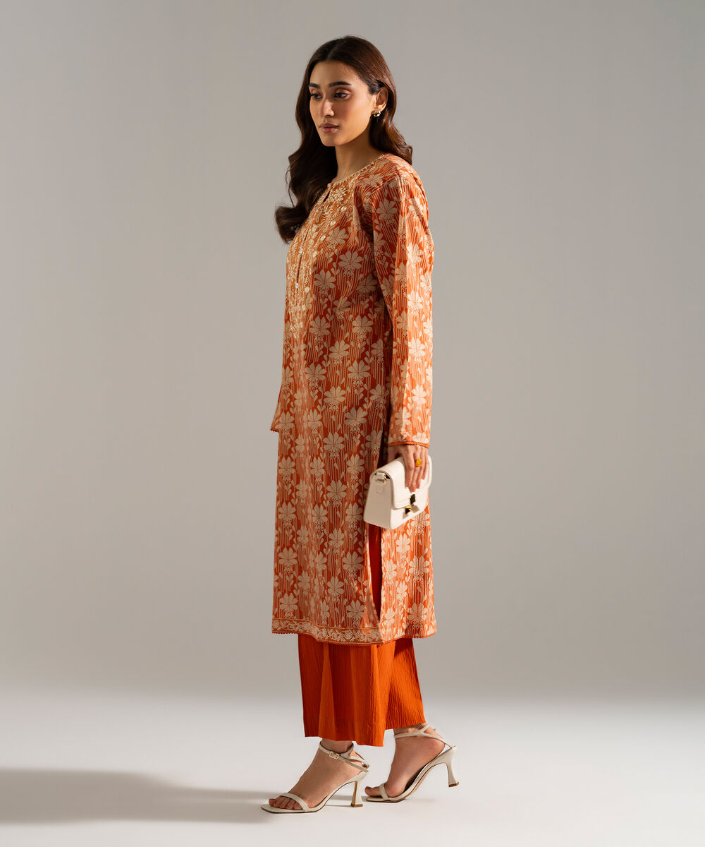 Women's RTW Seersucker Embroidered Orange 2 Piece Suit